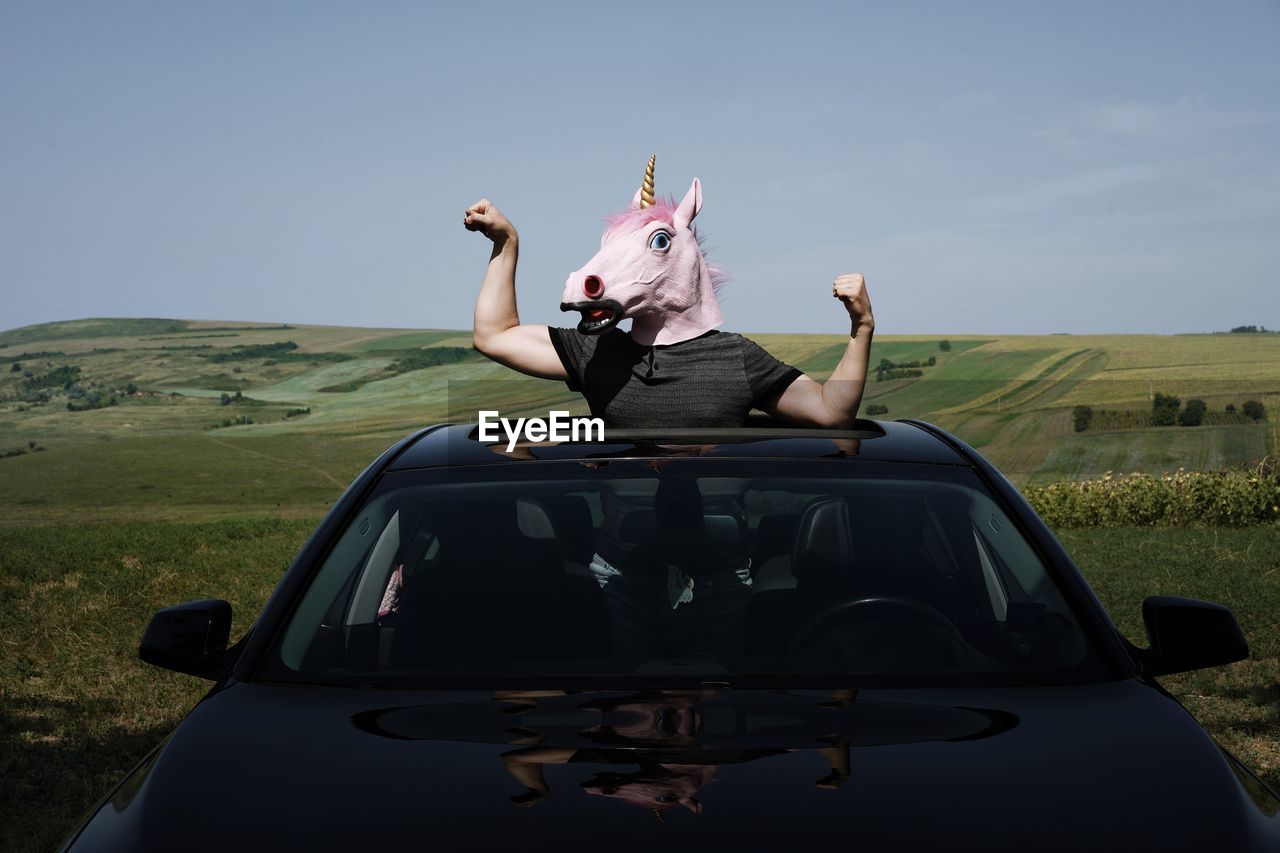 Man wearing horse mask standing in car