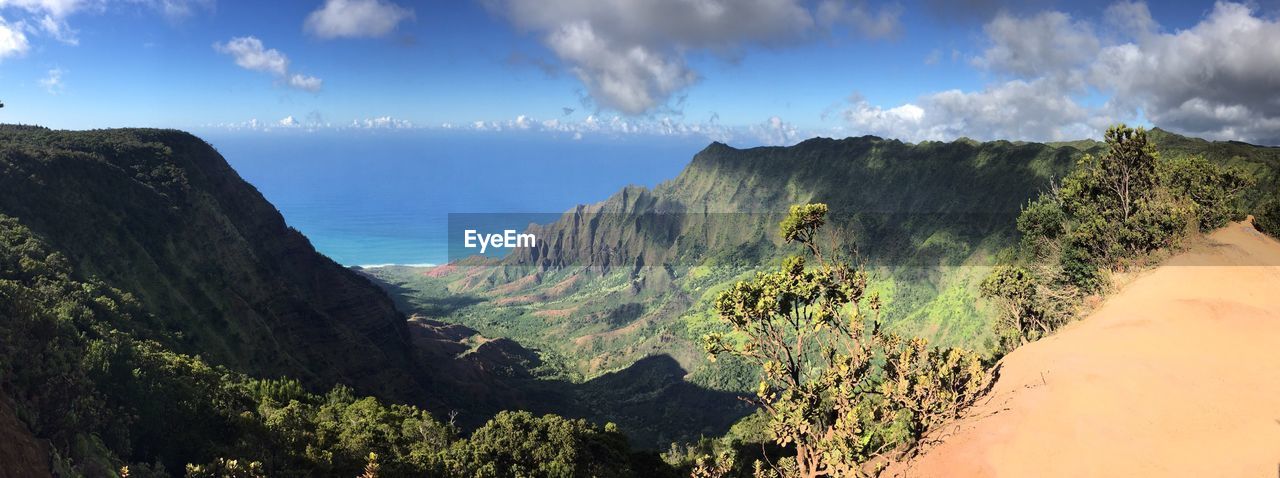 Panoramic view of sea and mountains against sky