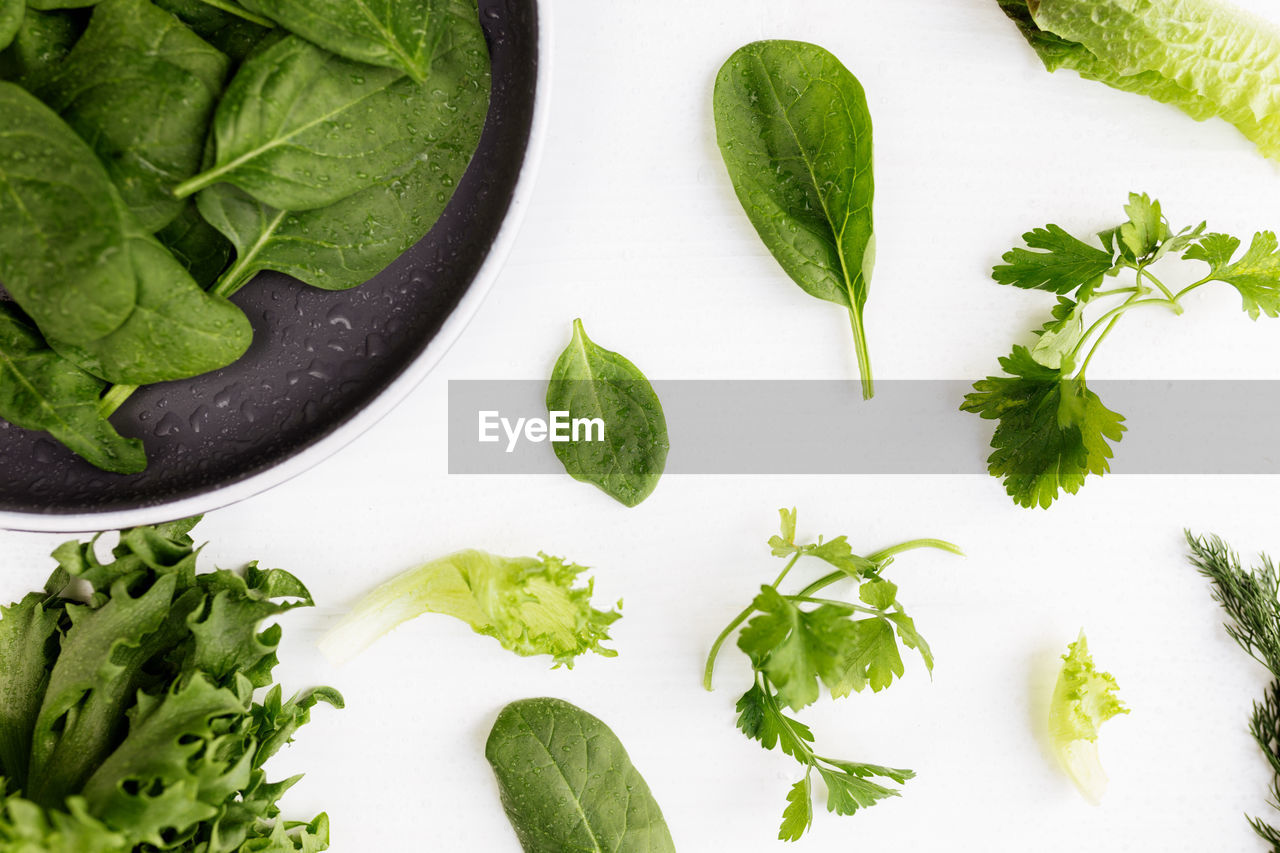 Flat lay with bowl of fresh green salad leaves of spinach and lettuce, romaine and parsley, basil