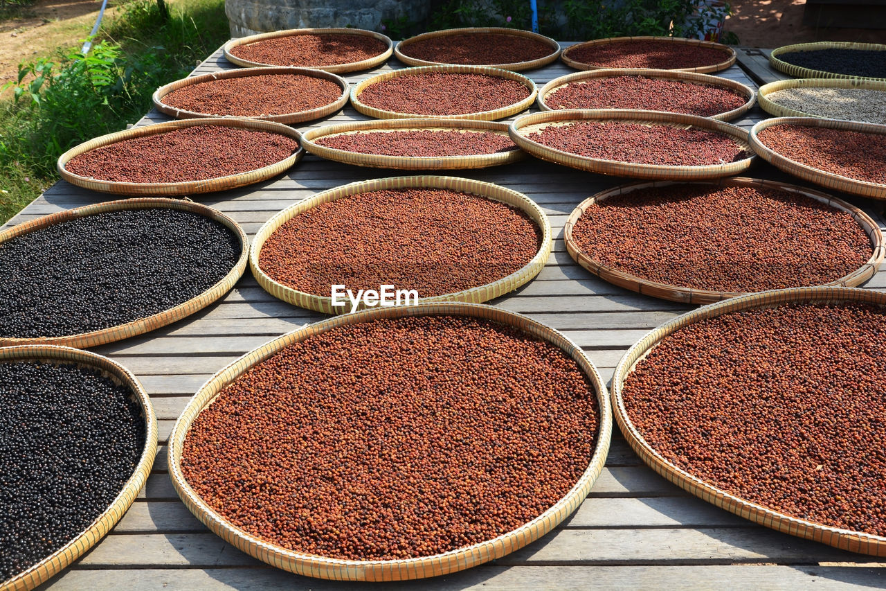 HIGH ANGLE VIEW OF SPICES FOR SALE IN MARKET STALL