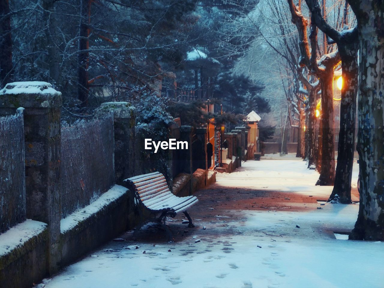 Empty bench on sidewalk during winter