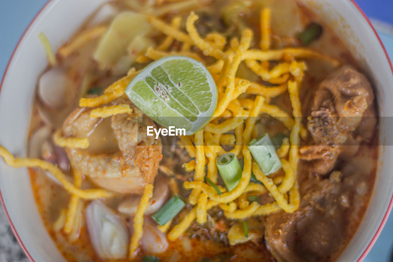 High angle view of noodles in bowl on table