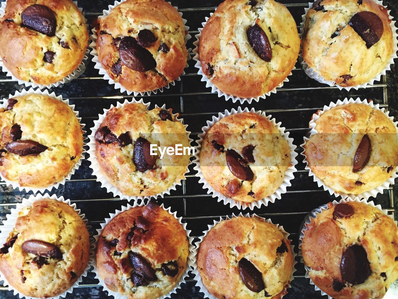 Full frame shot of chocolate chip muffins on rack