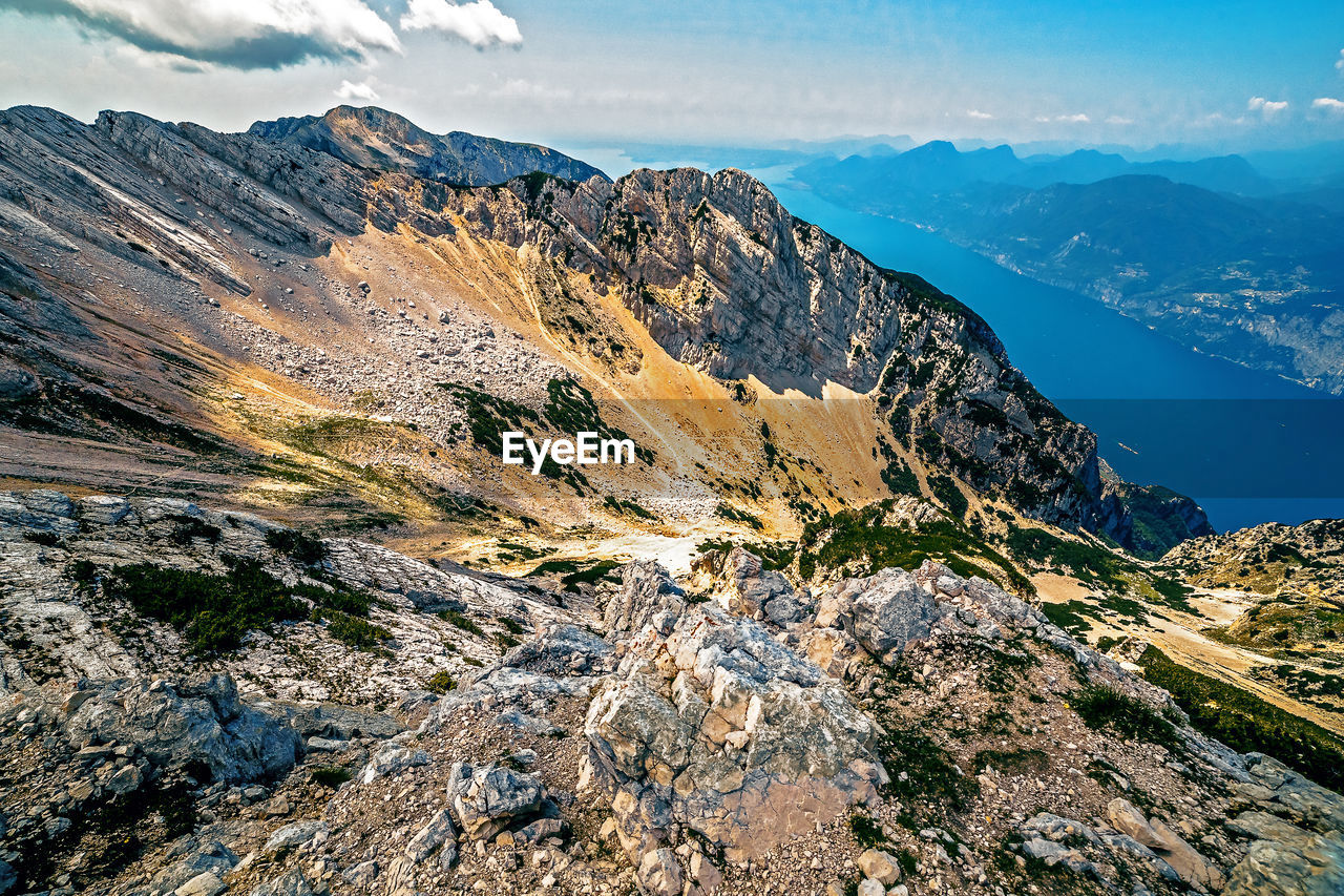 Aerial panorama on garda lake from monte baldo, trentino, italy