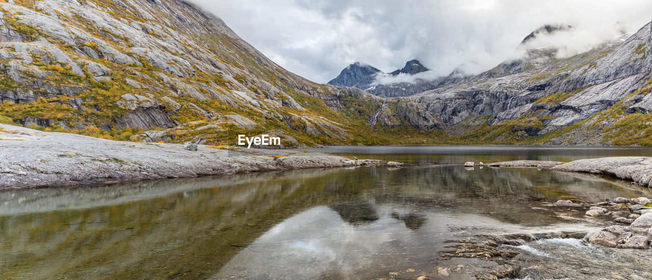 Scenic view of lake and mountains against sky