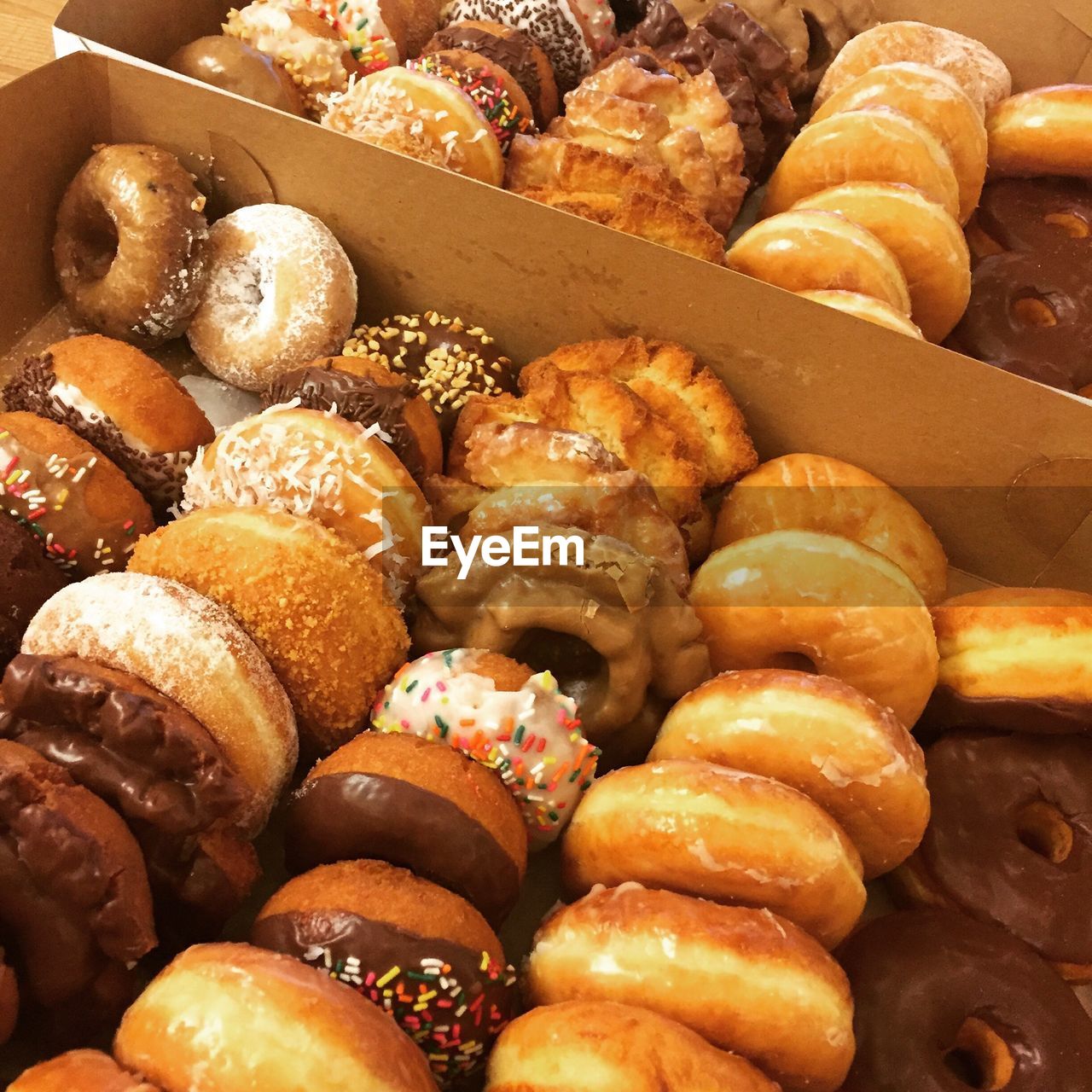 High angle view of donuts in box