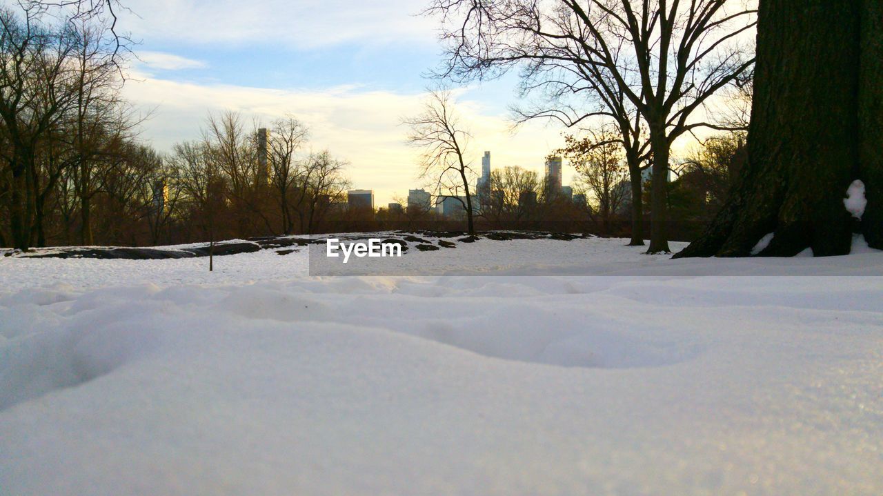 SNOW COVERED LANDSCAPE AGAINST SKY DURING WINTER