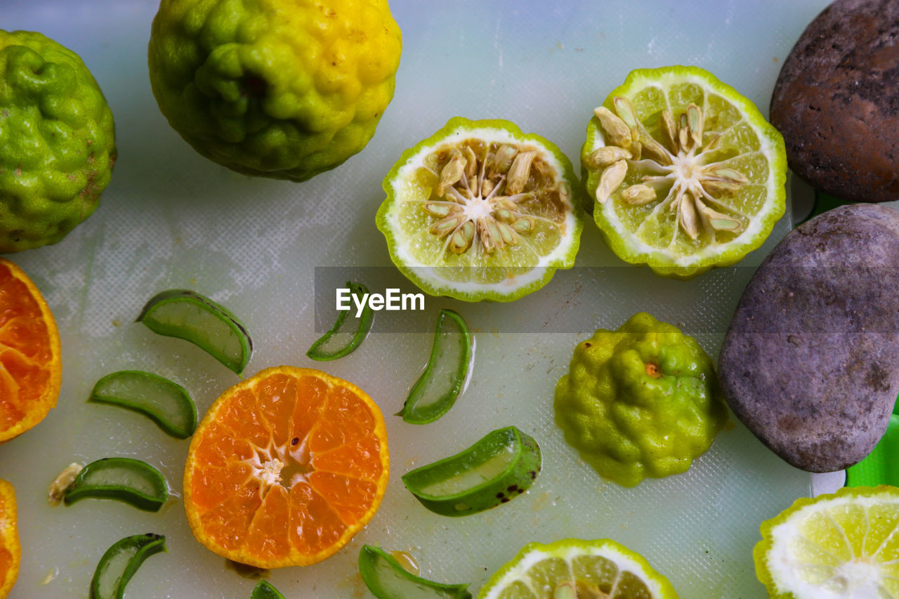 High angle view of fruits on table