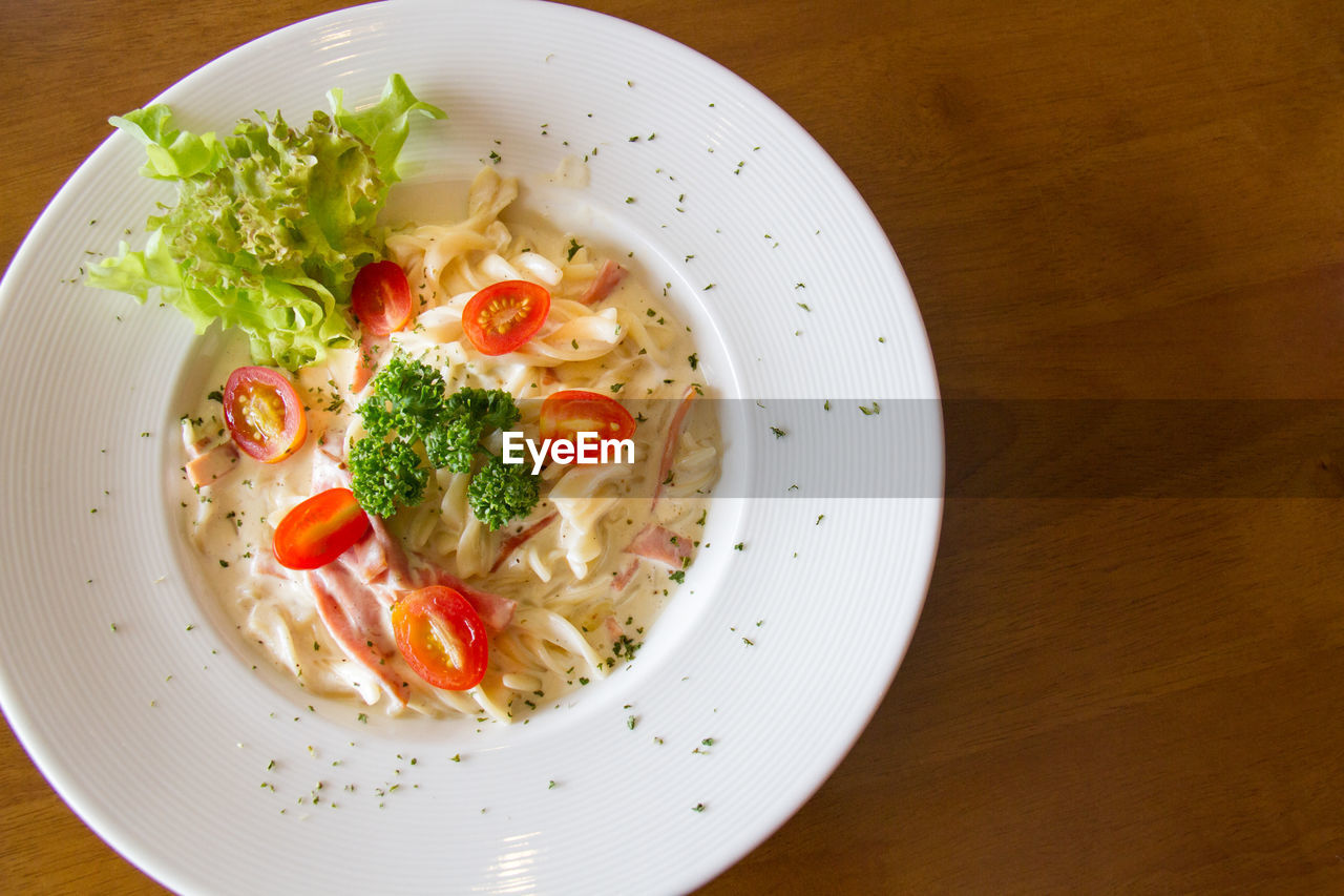 High angle view of salad in plate on table