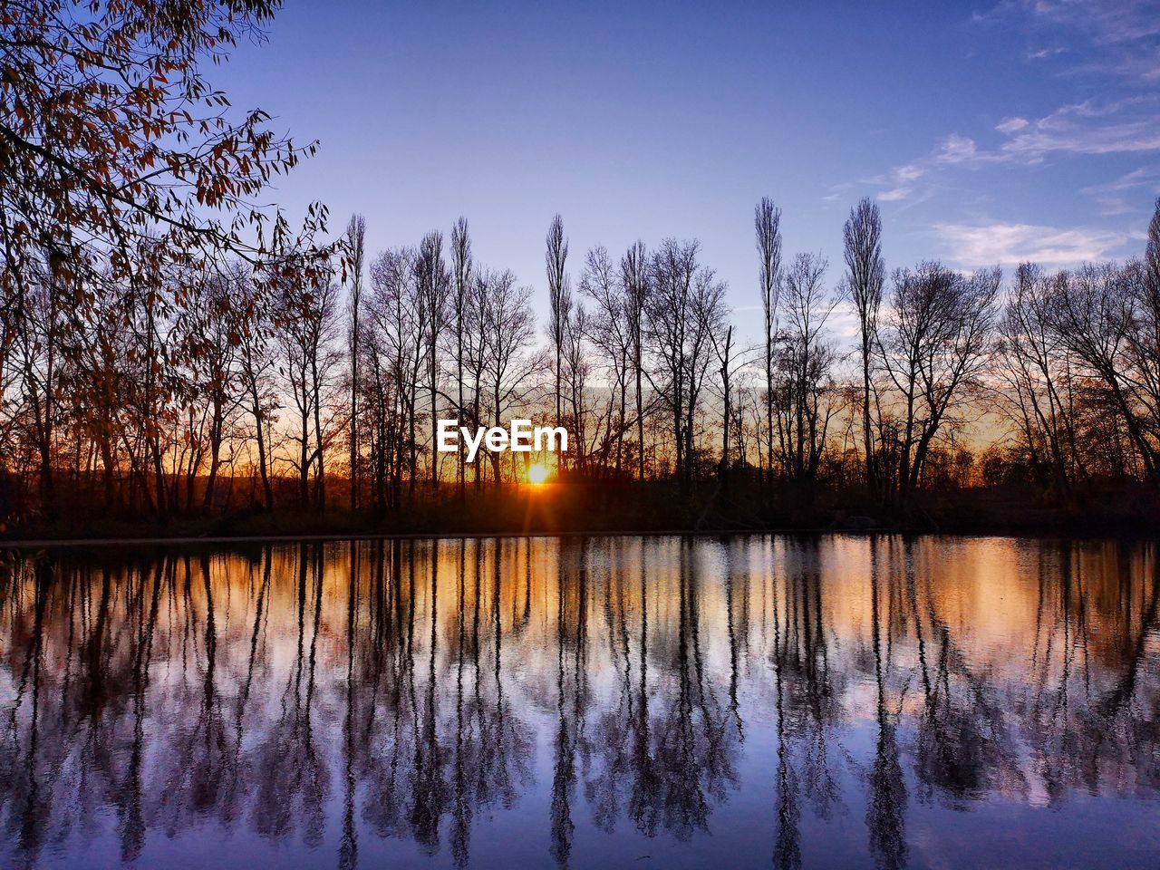 REFLECTION OF SILHOUETTE TREES IN LAKE AGAINST SKY DURING SUNSET