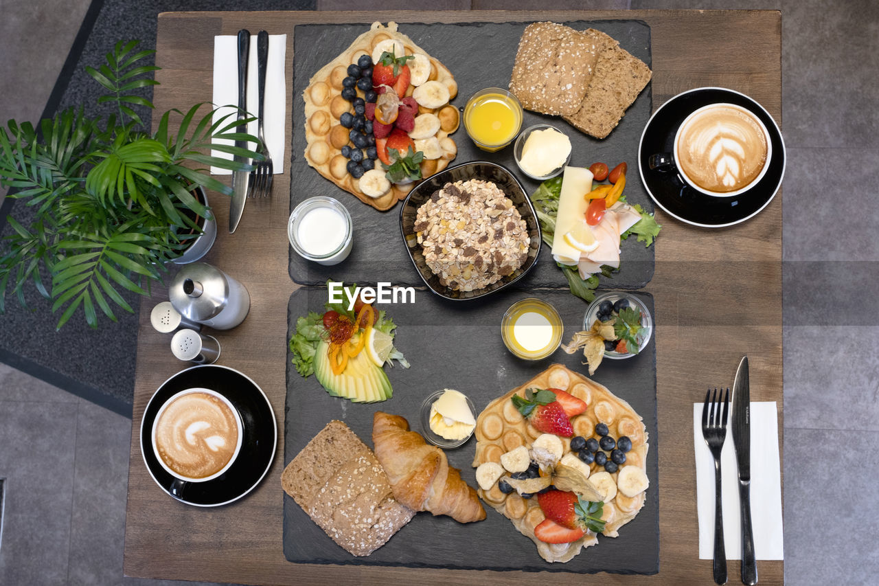 high angle view of food served on table