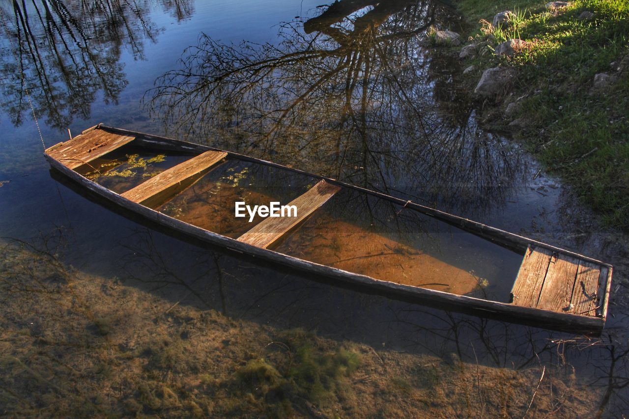 HIGH ANGLE VIEW OF BOATS ON LAND BY LAKE