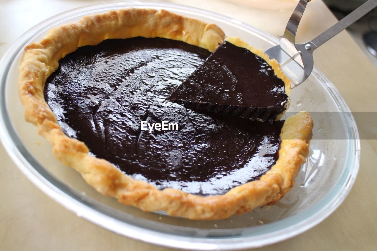 Close-up of chocolate tart served on table