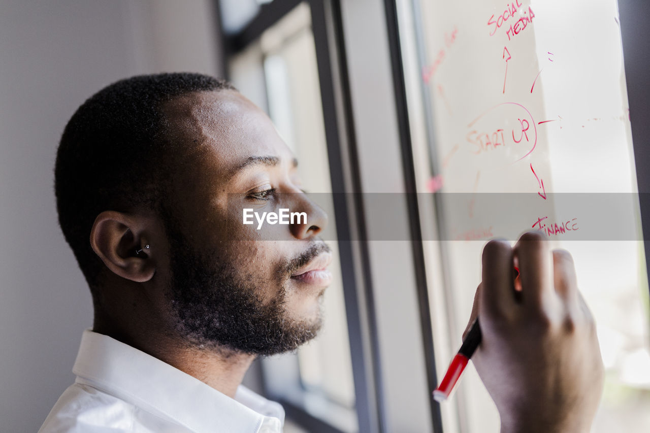 Businessman in office writing on windowpane