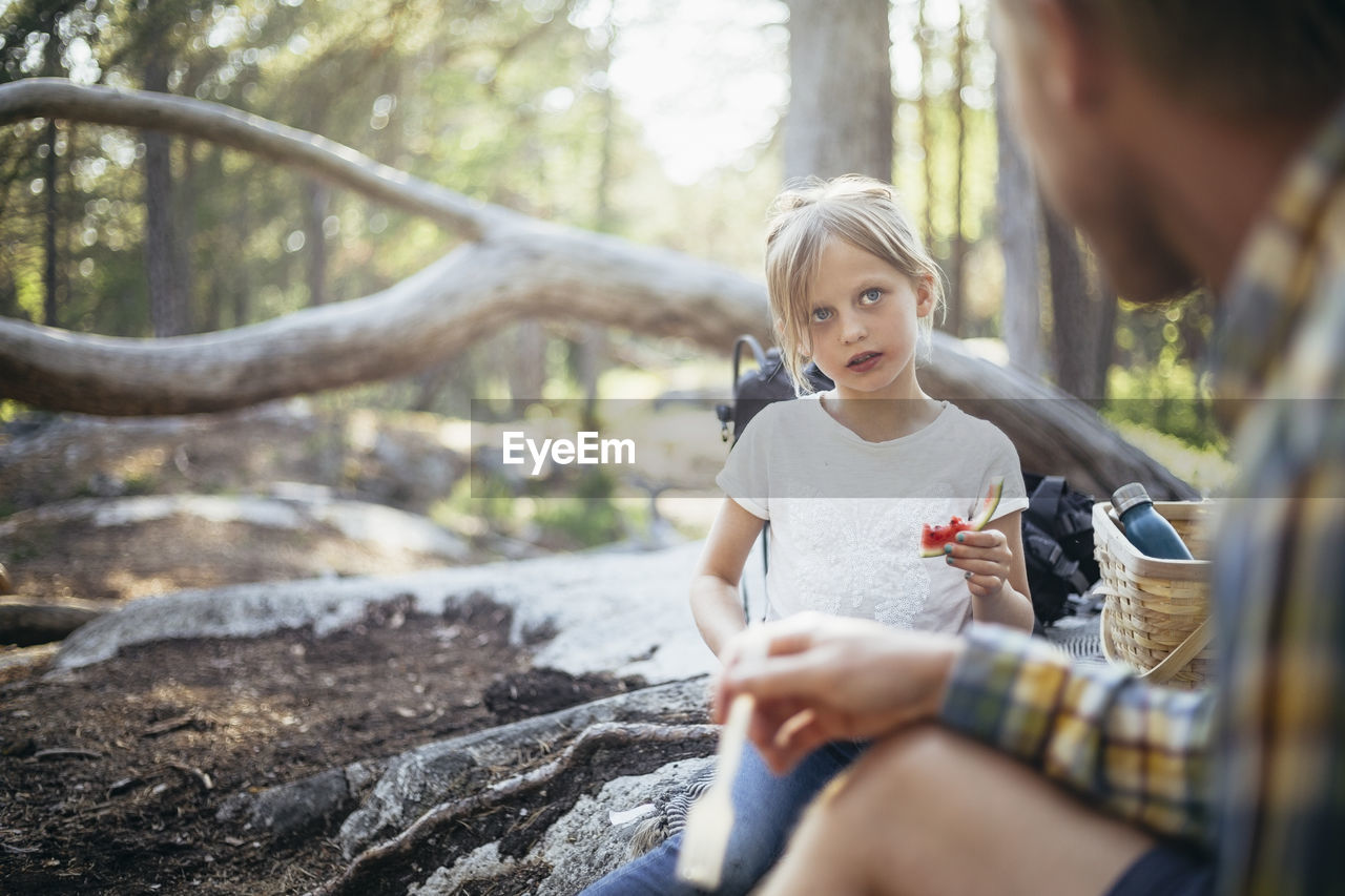 Daughter eating watermelon while looking at father in forest