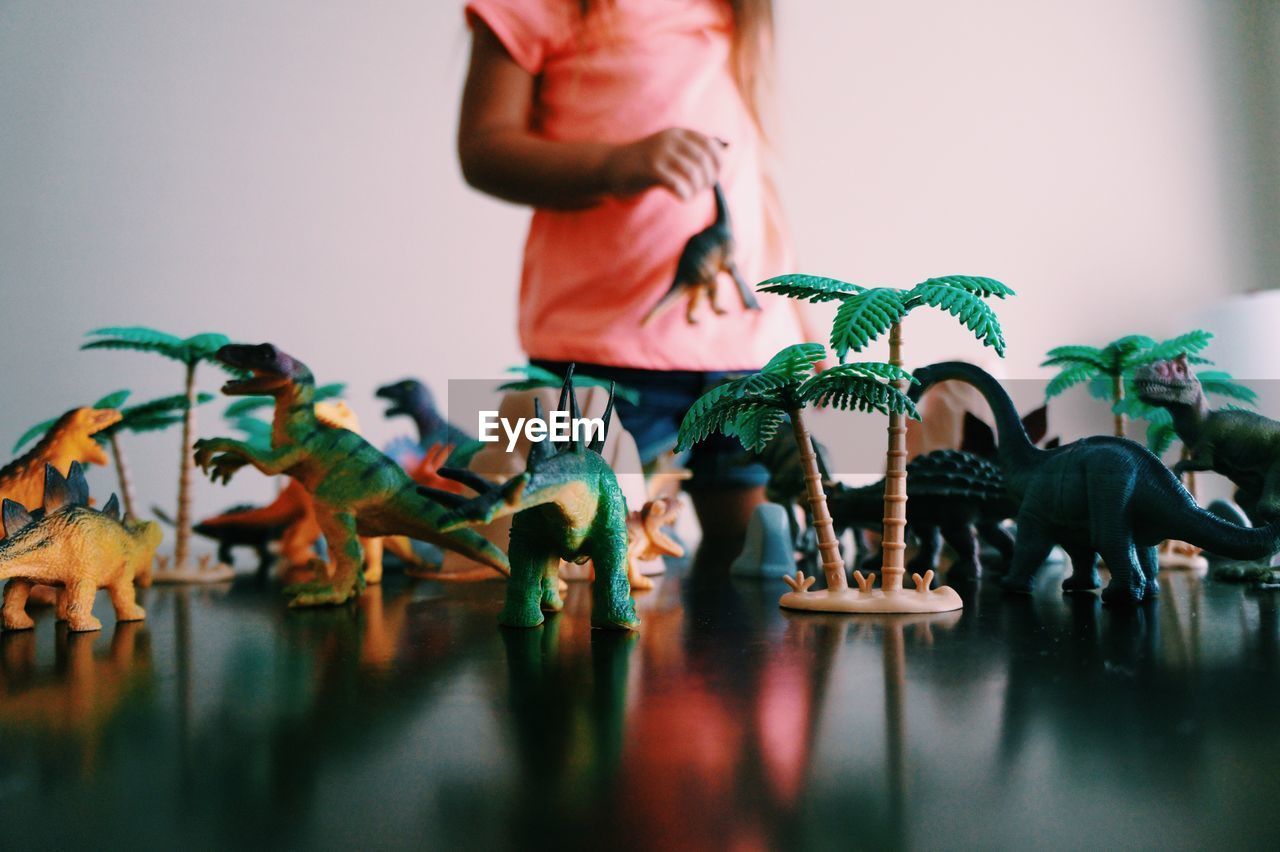 Dinosaur toys arranged on table at home