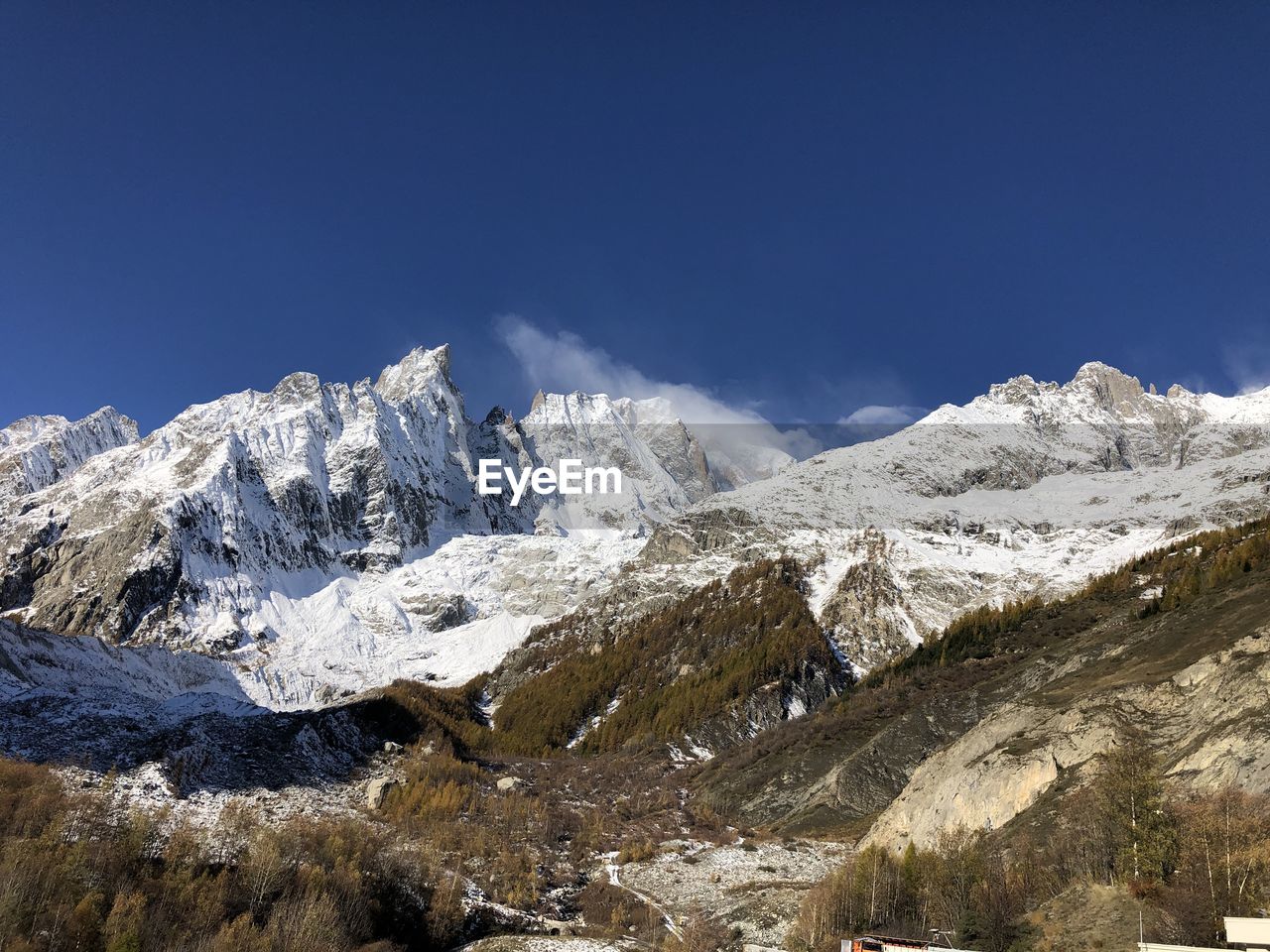 Scenic view of snowcapped mountains against clear blue sky