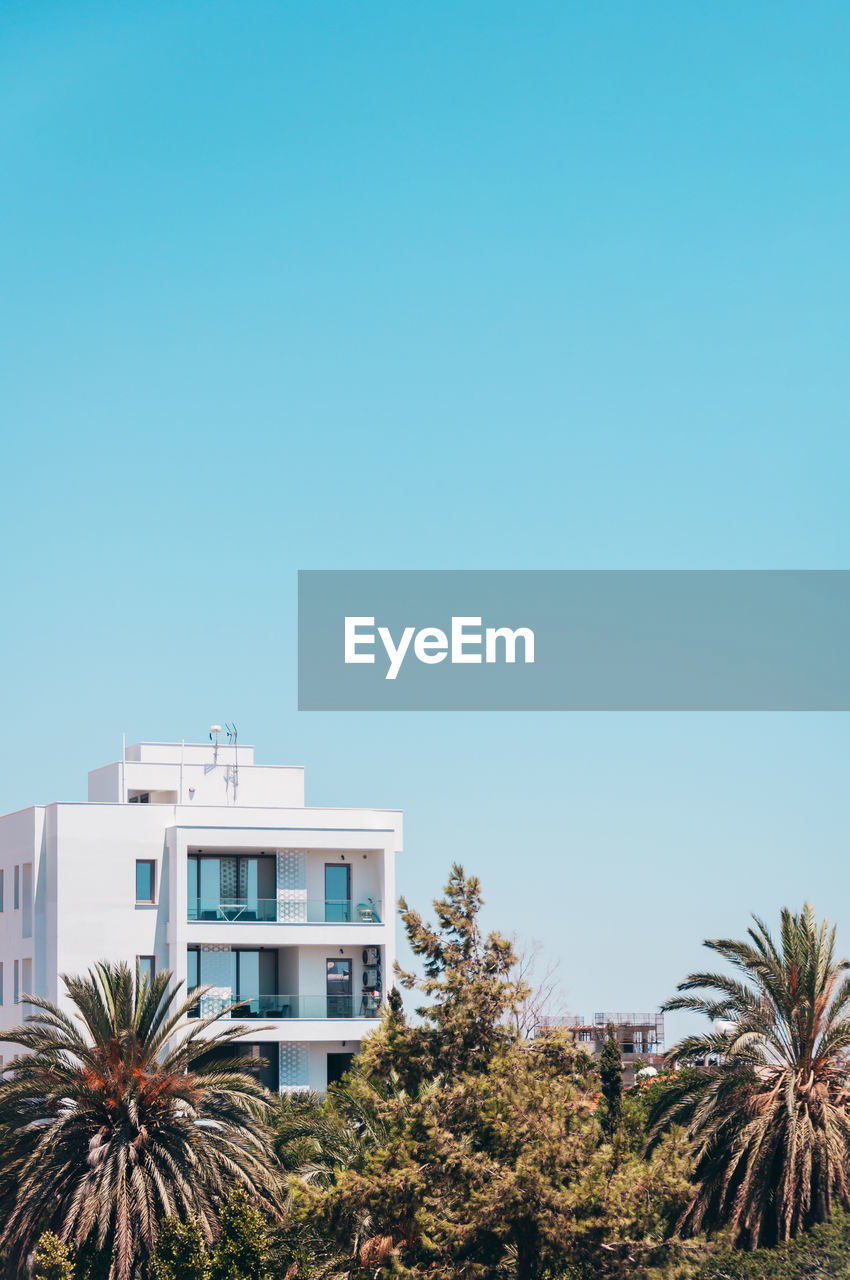 VIEW OF PALM TREES AND BUILDINGS AGAINST CLEAR SKY