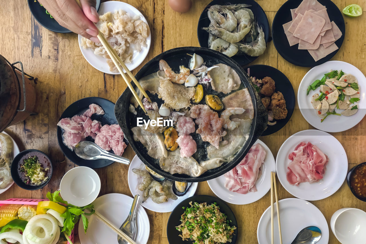 high angle view of food in bowls on table