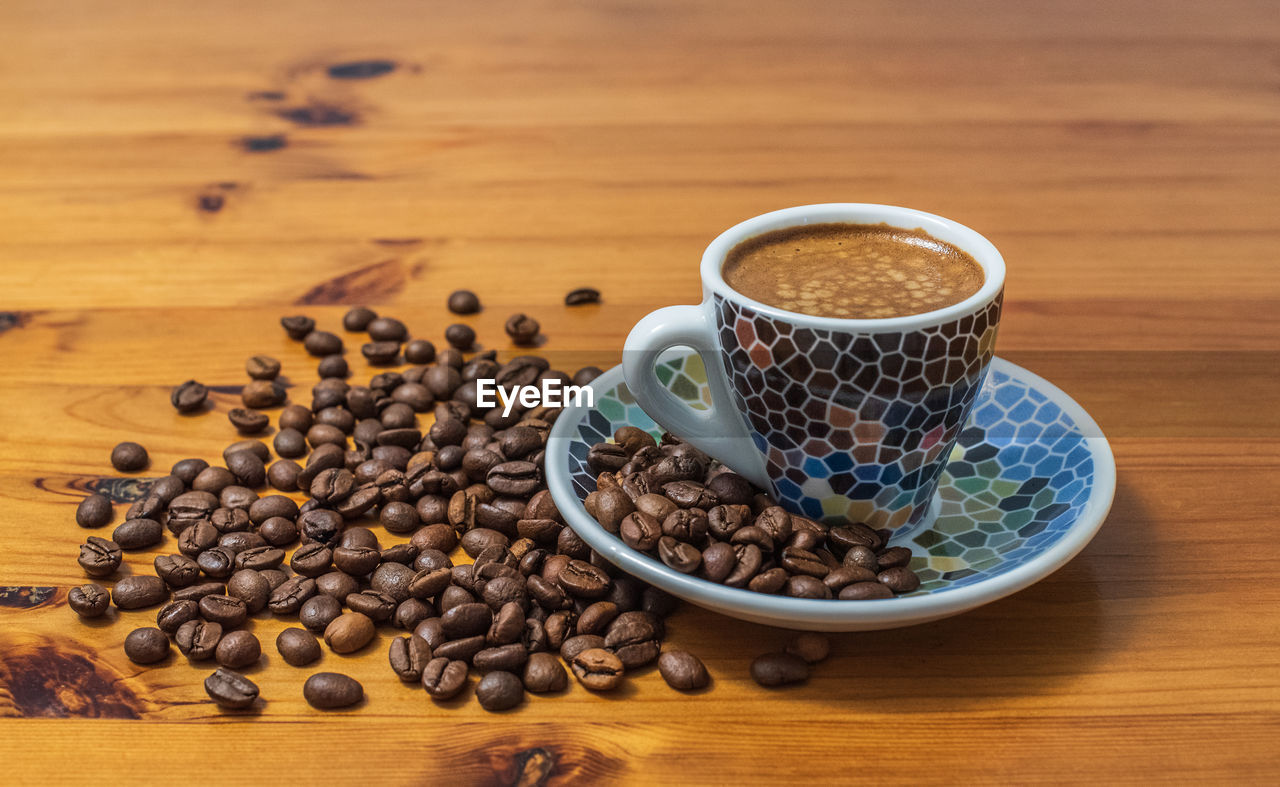 High angle view of coffee beans on table