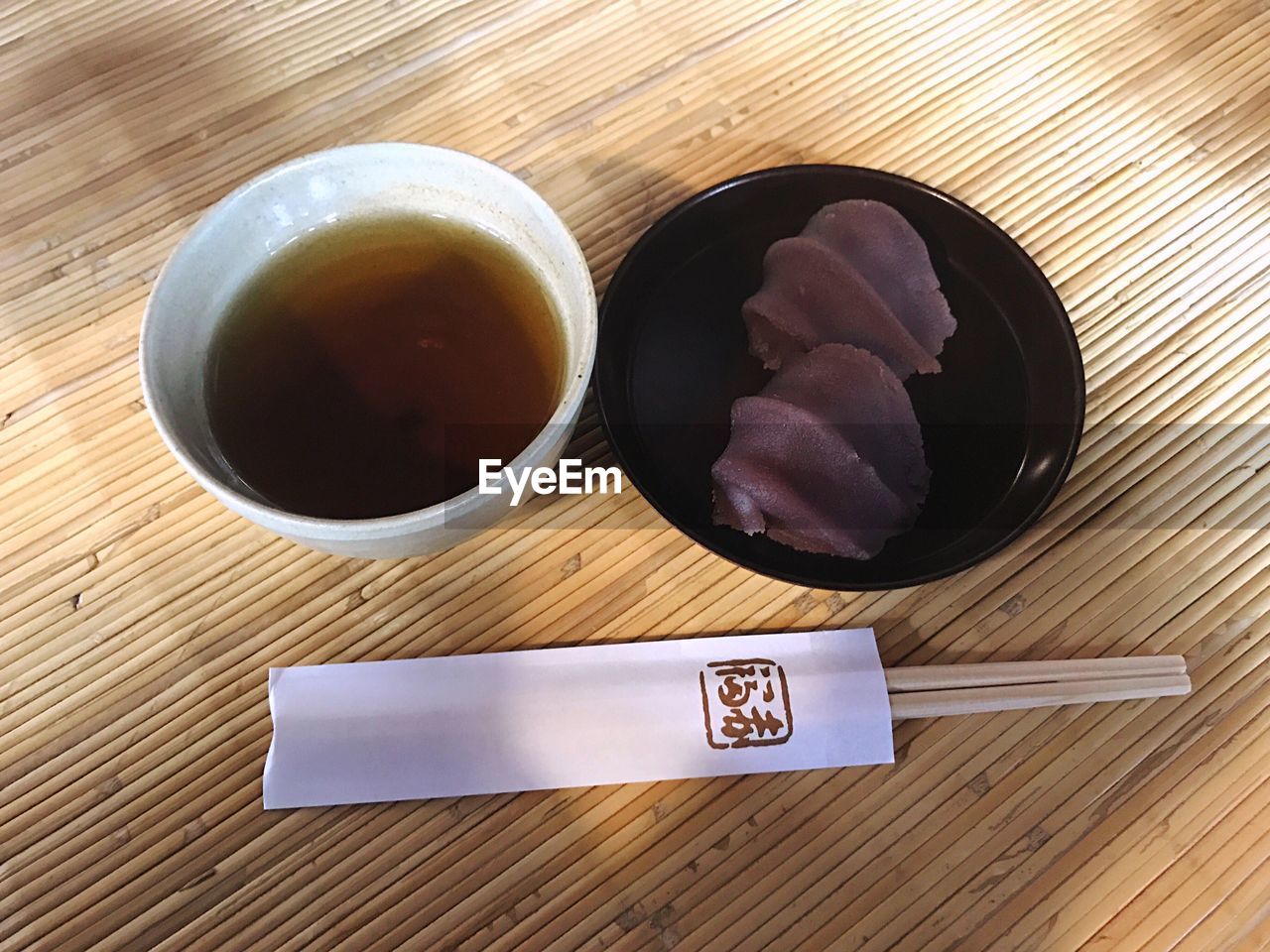 High angle view of breakfast served on wooden table