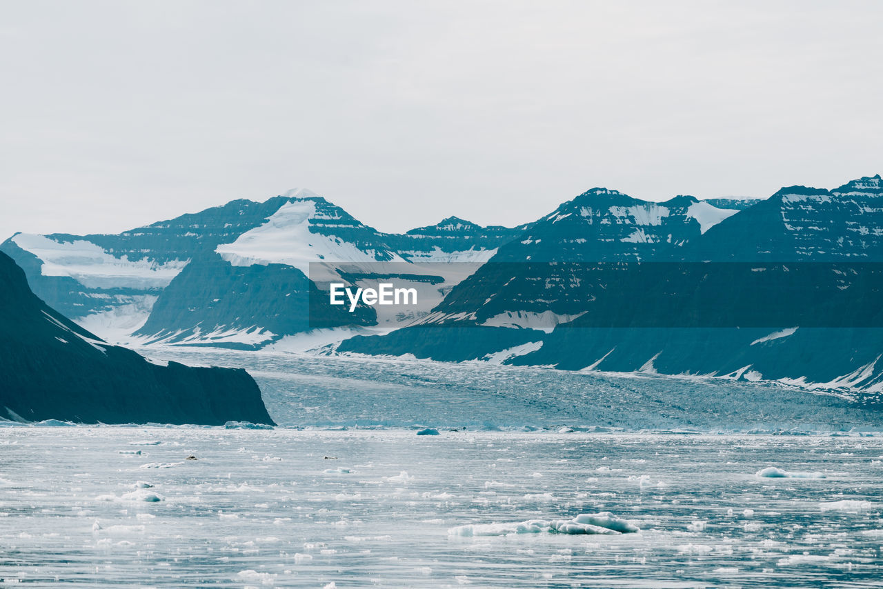 scenic view of snow covered mountains against sky