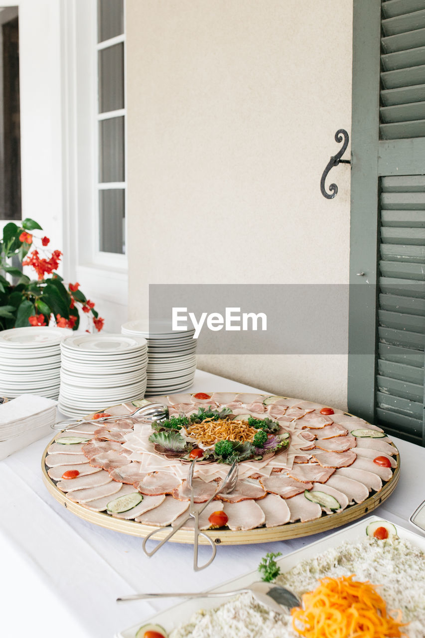 High angle view of food in plate on table