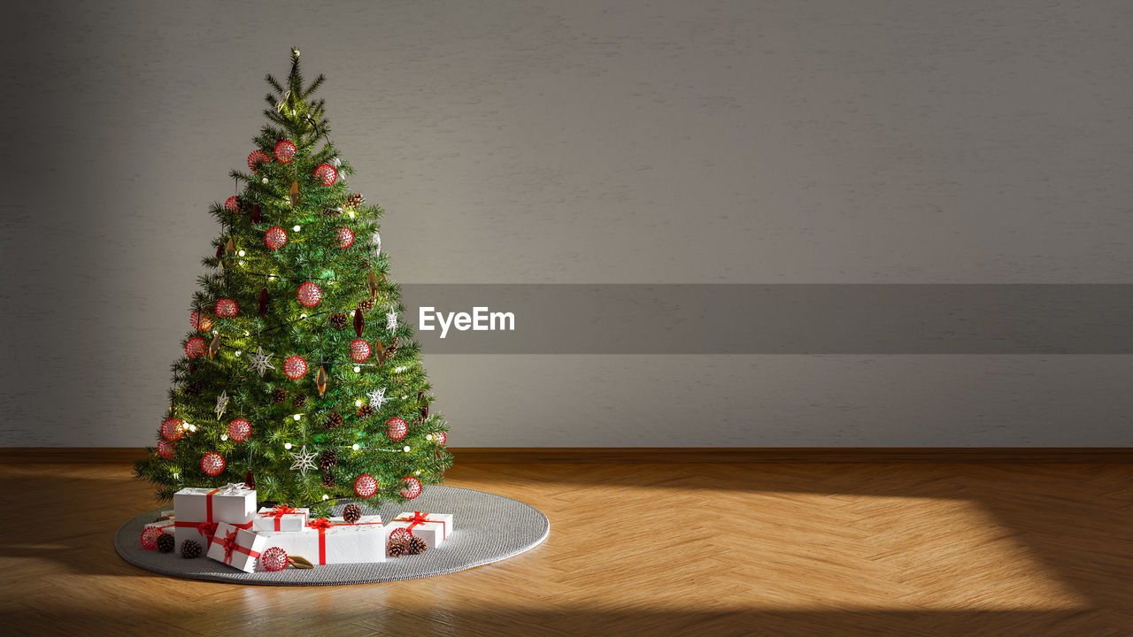 Corona virus baubles hanging on christmas tree with gift box 3d illustration
