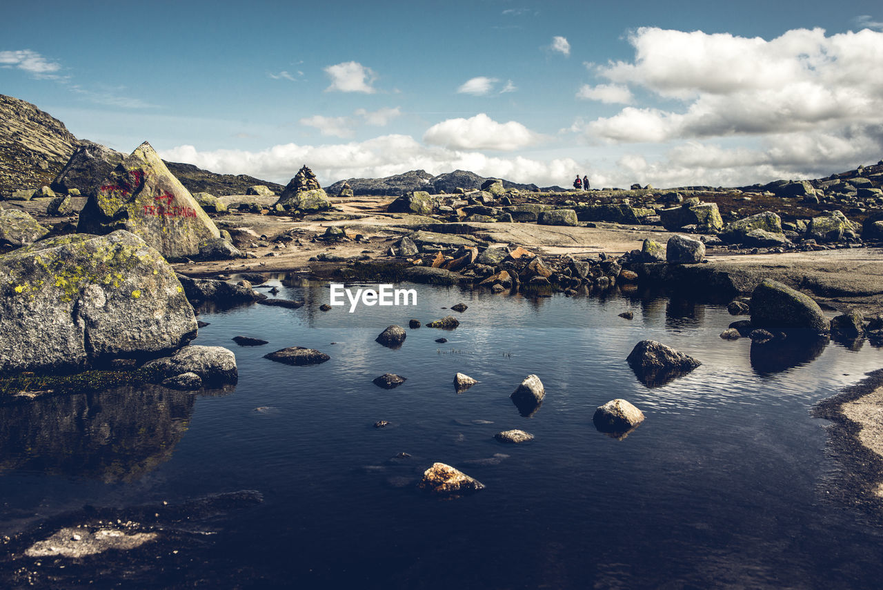 HIGH ANGLE VIEW OF ROCKS IN WATER