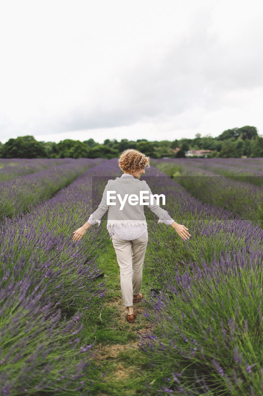Rear view of woman walking on lavender field against sky