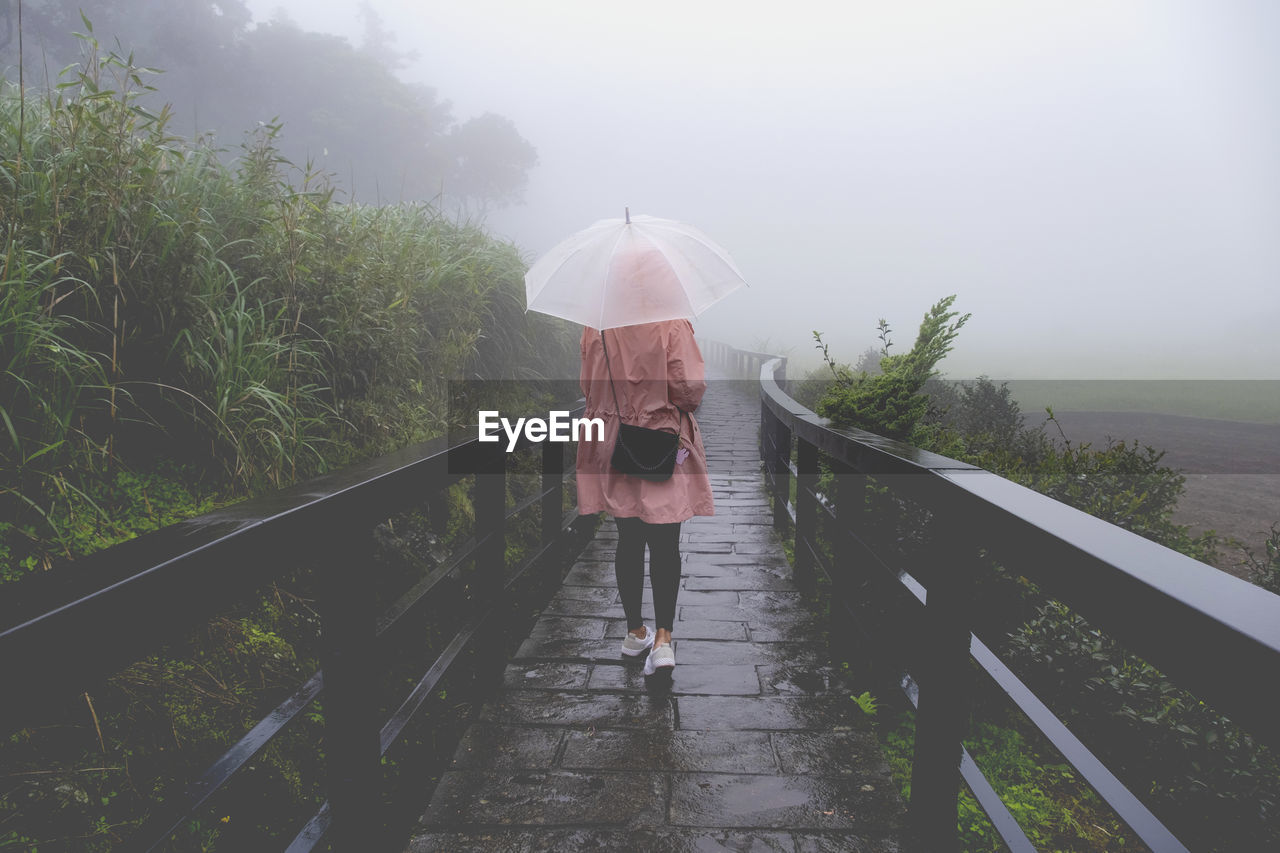 Rear view of woman with umbrella standing on footbridge during rainy season