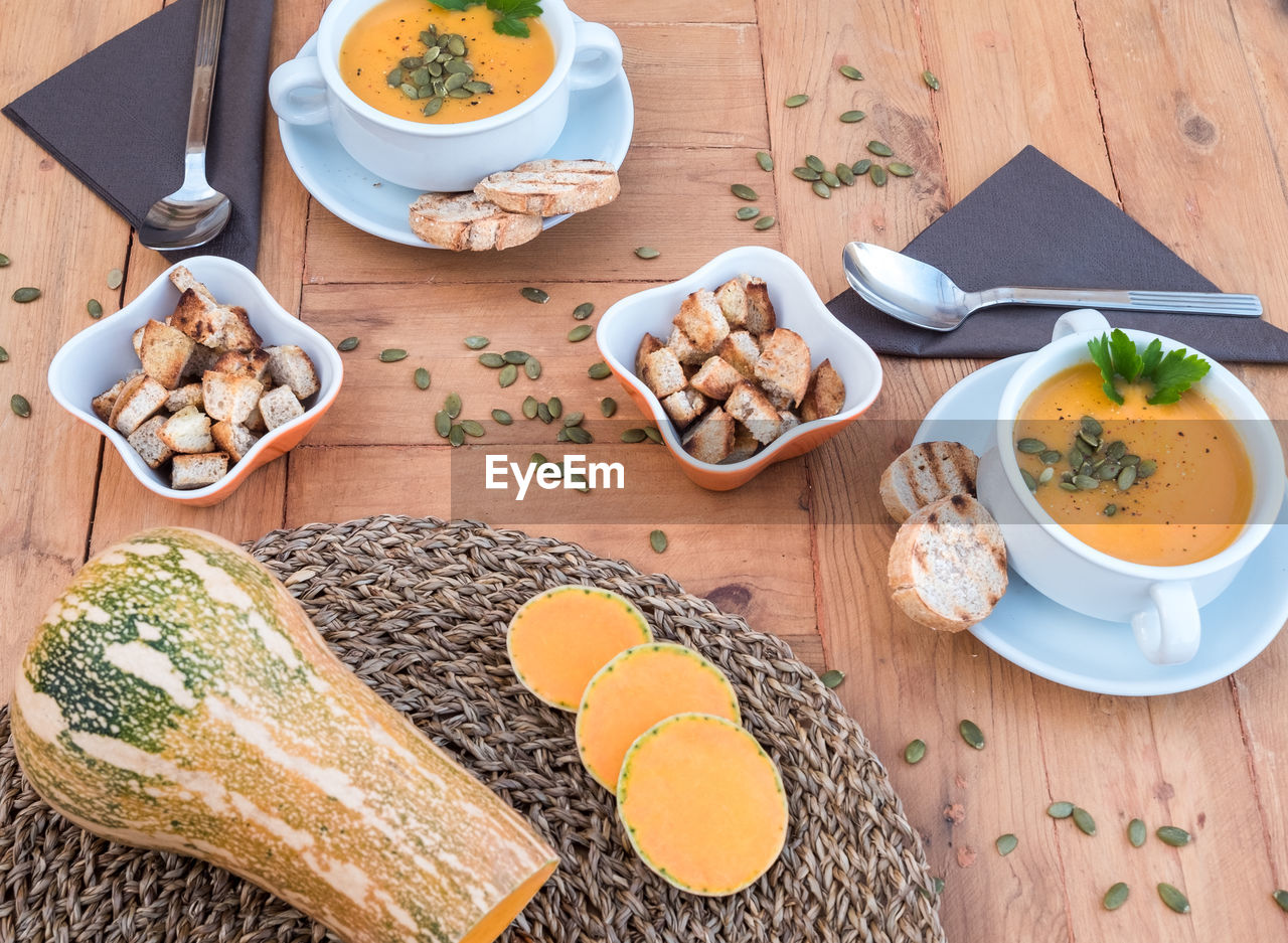 High angle view of breakfast on table