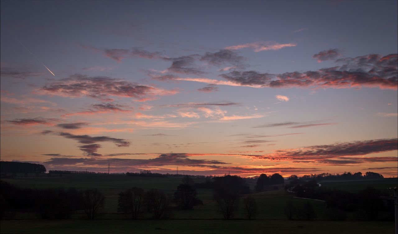 Scenic view of grassy field against sky during sunset