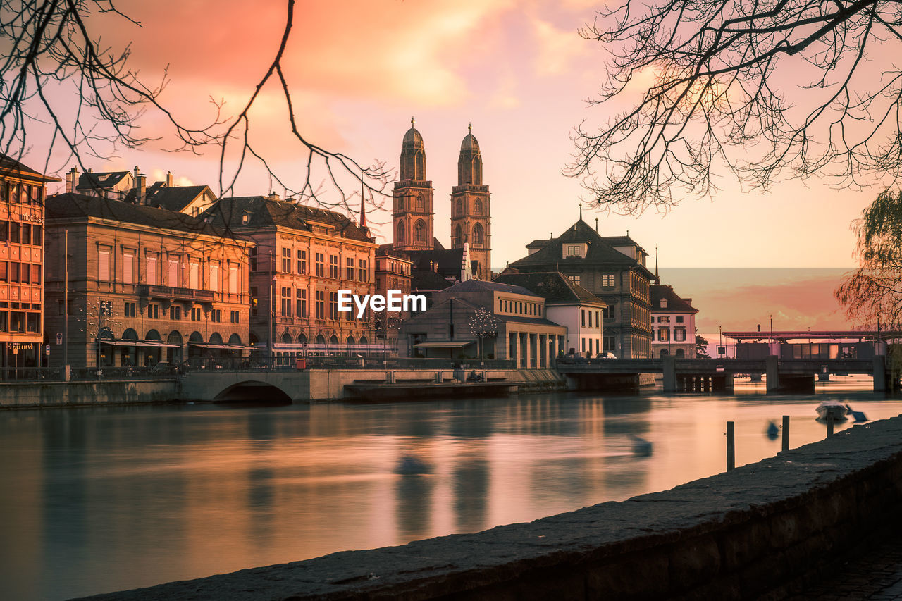 View of buildings at sunset