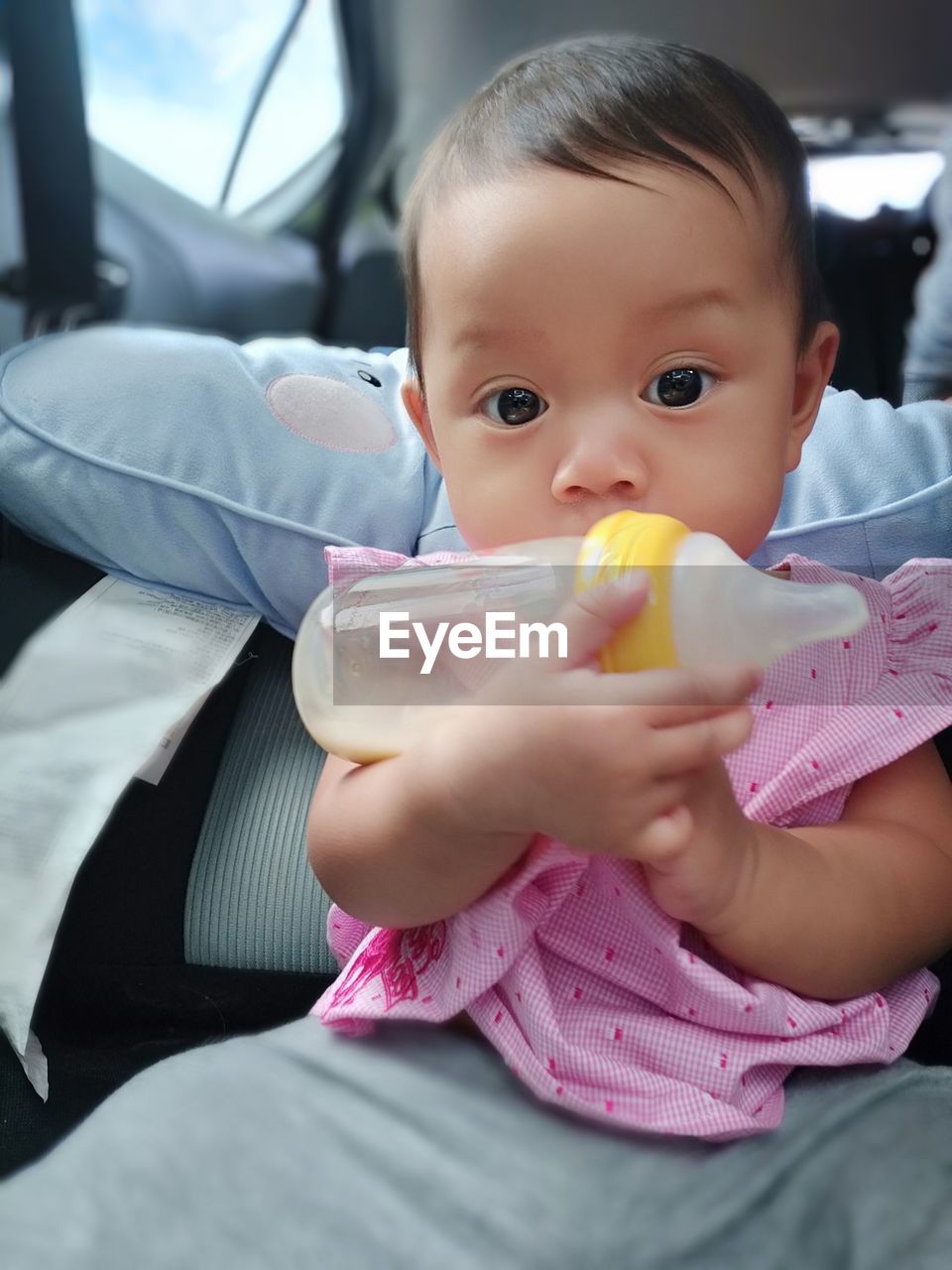Portrait of cute baby girl holding milk bottle while sitting in car
