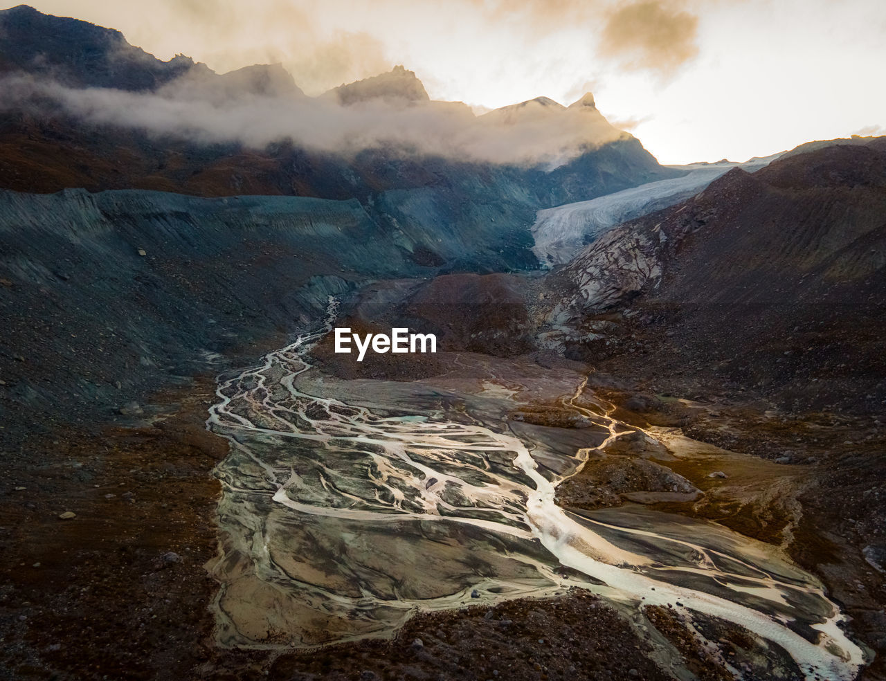 Drone photo of a glacier in valais alps in switzerland