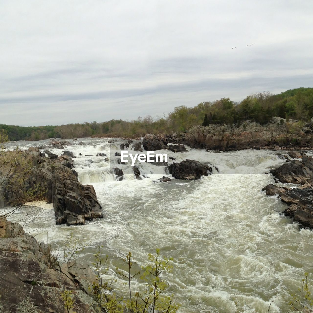 Scenic view of flowing river against sky