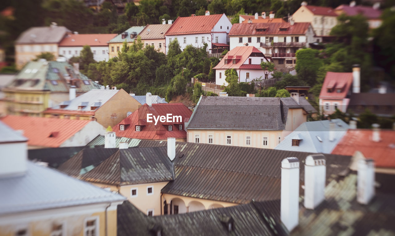 High angle view of buildings in town