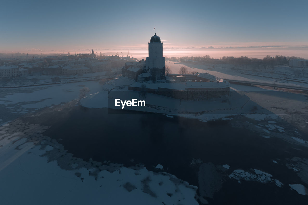 Aerial panorama of the historical center of vyborg in winter. view of the castle island. 