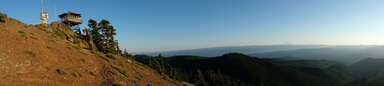 PANORAMIC VIEW OF TREE MOUNTAINS AGAINST CLEAR SKY