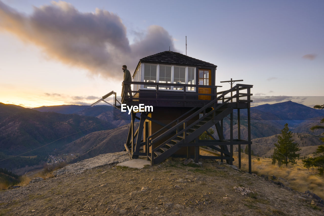 Fire lookout tower at sunset