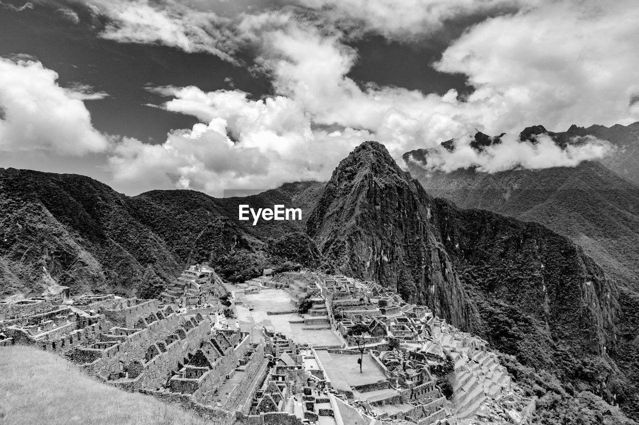 High angle view of old ruins against sky in machu picchu