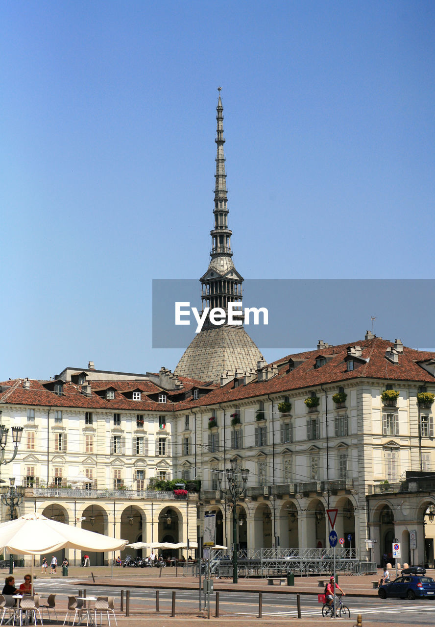 low angle view of historical building against clear blue sky