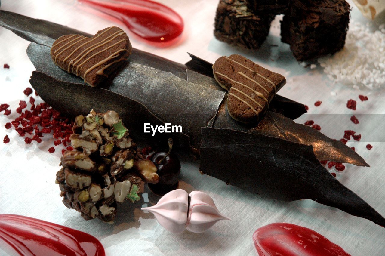 High angle view of chocolate dessert on table