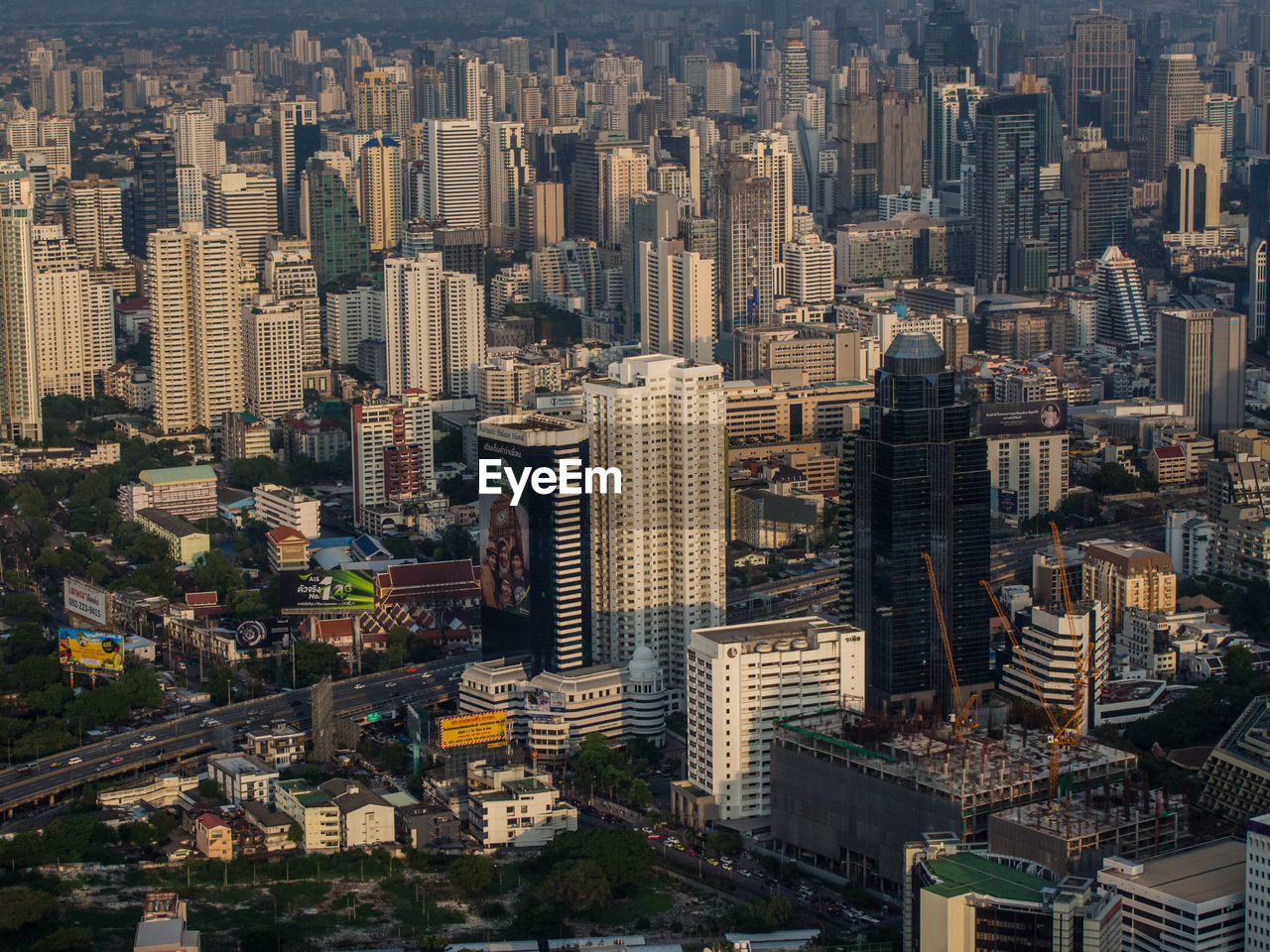 High angle view of modern buildings in city
