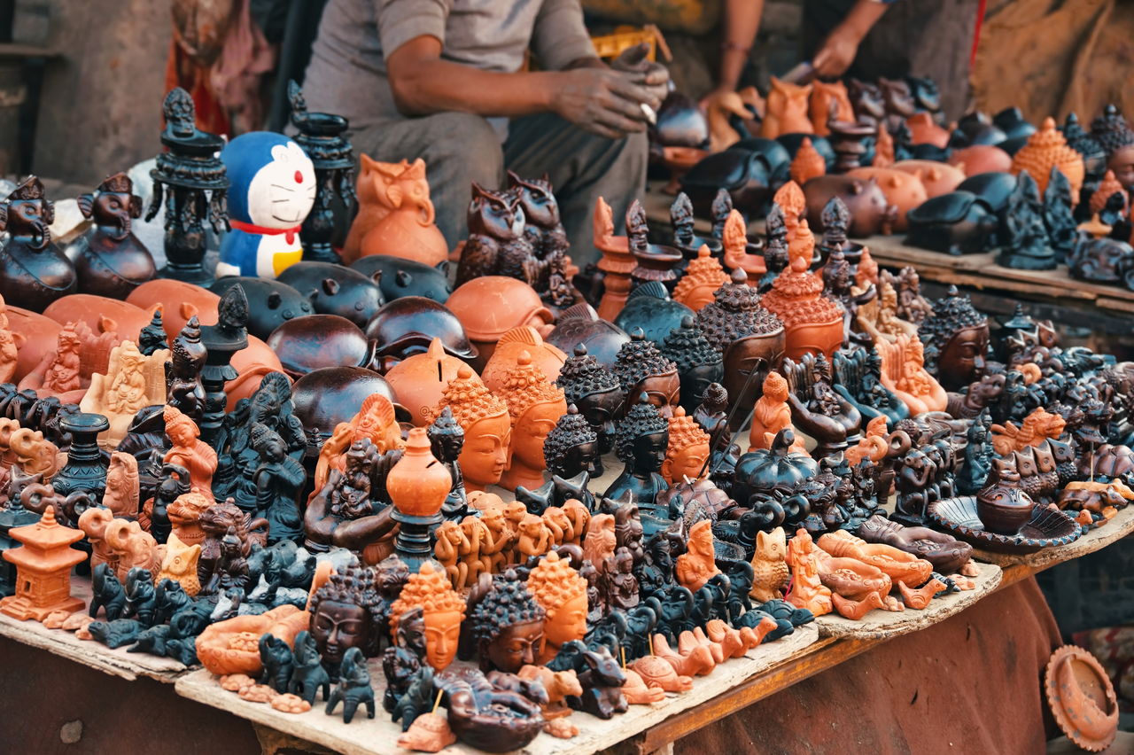 Pottery square in bhaktapur durbar square full of clay pots and clay figures, nepal
