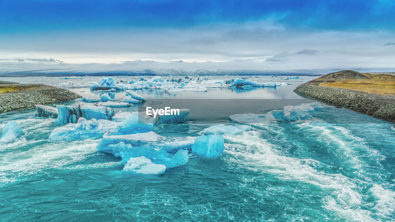 Ice floating on lake in iceland