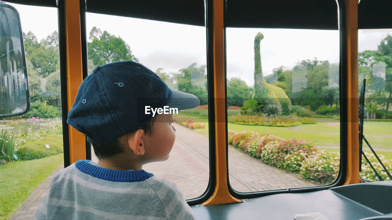 Rear view of boy looking through window