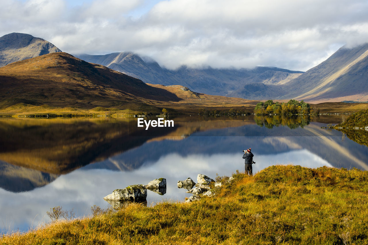 Scenic view of lake and mountains against sky