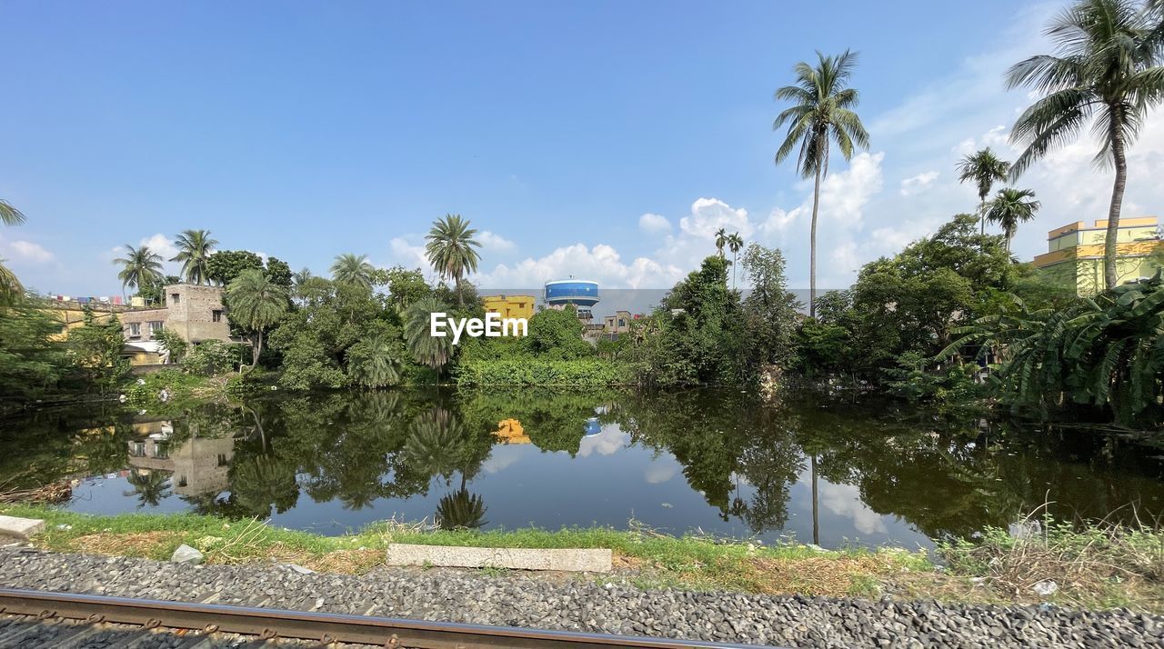 water, tree, plant, palm tree, tropical climate, sky, nature, reflection, garden, lake, no people, beauty in nature, travel, travel destinations, blue, outdoors, waterway, architecture, day, environment, coconut palm tree, tranquility, flower, scenics - nature, cloud, body of water, landscape, tourism